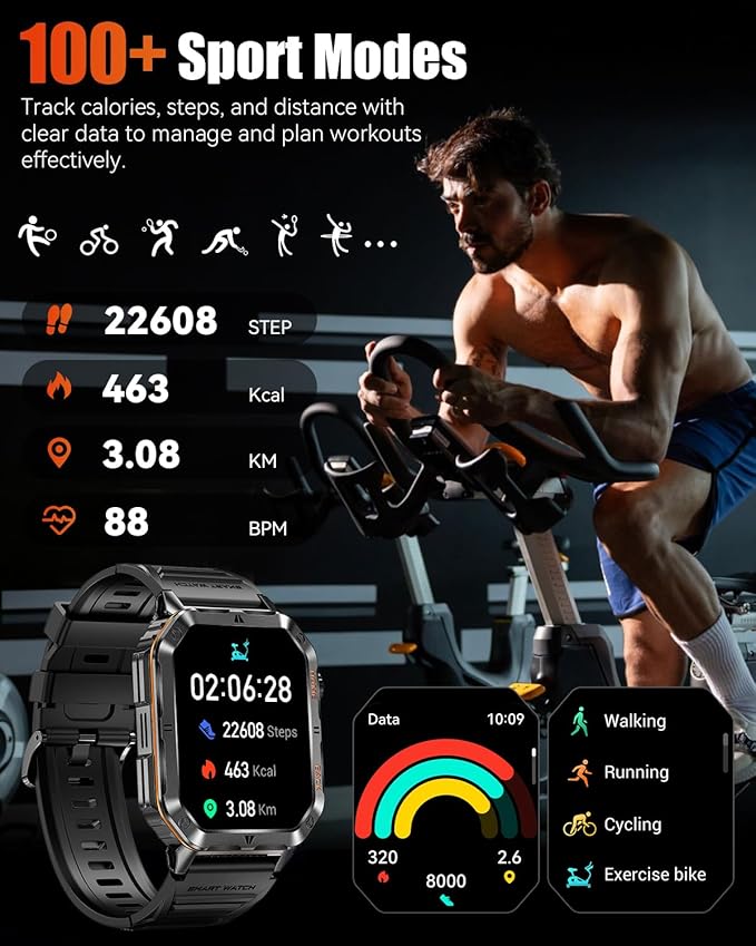 Military Smart Watch for Men, 2.01'' Fitness Tracker with 1200mAh Long Battery Life, Bluetooth Calls, Flashlight, IP68 Waterproof, Heart Rate/Sleep Tracking, 100+ Sports Modes for Android iPhone