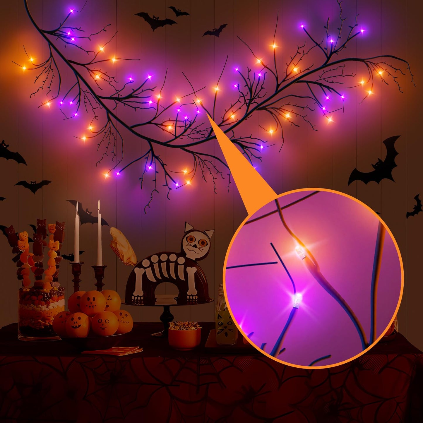 CL FUN Halloween Willow Vine Twig Lights - 6ft Battery Operated Waterproof String Light, 54 LED, Orange & Purple
