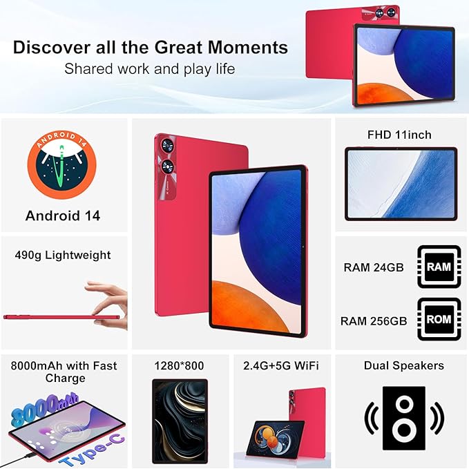 Tablet 11 inch Android 14 Tablets, 24GB+256GB+1TB Expand, Android Tablet with 8000mAh, Octa-Core, 13MP+5MP Camera, IPS Touchscreen, 5G WiFi, BT5.0, Widevine L1, GPS - Metal Red