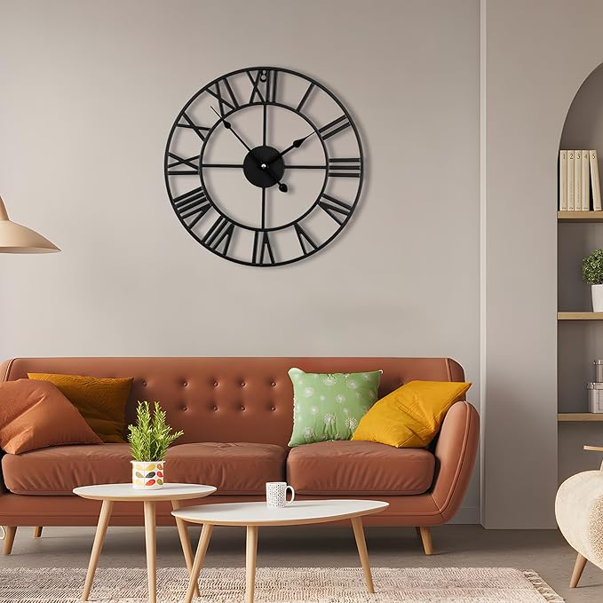 24inch/60cm Large Wall Clocks for Living Room Decor,Vintage,Modern,Round,Silent,Non Ticking,Black Wall Clock for Home,Garden,Office,Cafe Decoration(Iron Roman Numerals, 24 inches)