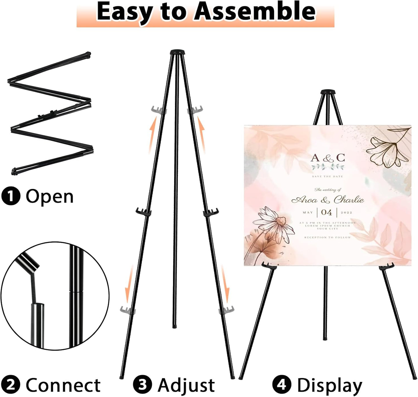 Easel Stand for Display Wedding Sign - 63" Foldable Easel Portable Artist Floor Easel - Easy Folding Telescopic Adjustable Art Poster Metal Stand (2 Pack)