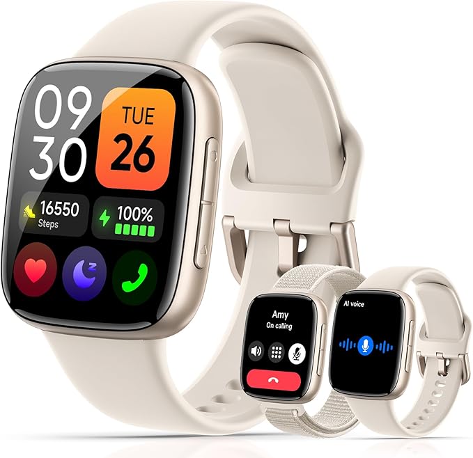 Latest Smart Watches for Women & Men - Performance Upgraded, 1.85-inch AMOLED HD Display (390x450), 12-Day Battery Life, 3ATM Waterproof (30m), Call, Health Monitoring, Fitness Tracker (Beige)