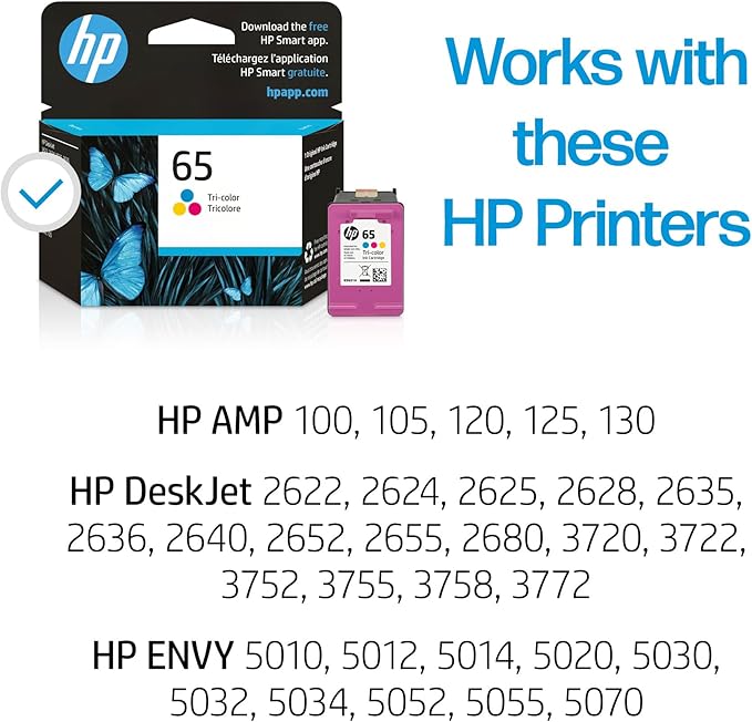 HP 65 Tri-Color Ink Cartridge | Works with AMP 100, DeskJet 2600, 3700; Envy 5000 | Eligible for Instant Ink | N9K01AN