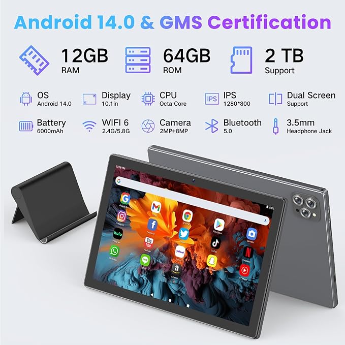 Android Tablet 10.1 Inch, 2025 Android 14 Tablets with Octa-Core, 12GB RAM + 64GB ROM (2TB Expand), Wi-Fi 6 BT 5.0 Tablet PC Long-Life Battery, Large HD Touchscreen Tablets for Adult