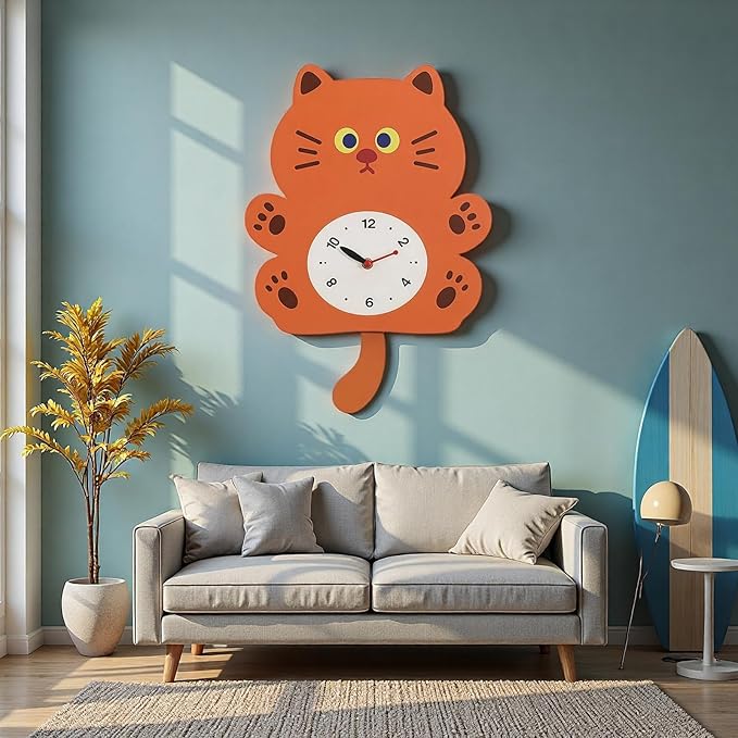 FASHION in THE CITY Adorable Cat Themed Swing Wall Clock,Silent Pendulum Clock,Easy to Read Analog Clock for Cat Lovers,Nursery, Kitchen, Cute Home Decor Gift (YBZ001-Brown)