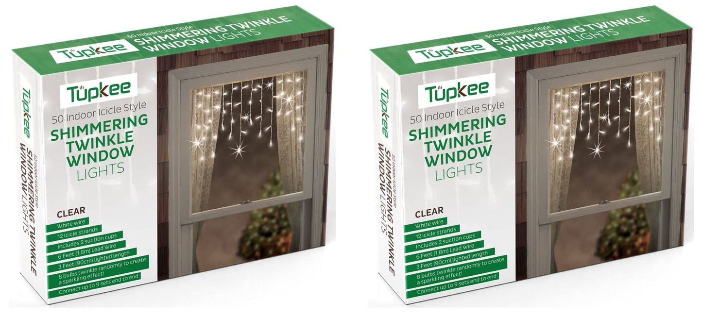 Tupkee Twinkle Window Icicle Lights - 50 Clear Bulbs, 3 Feet, Indoor/Outdoor, Model GSIZA-50A