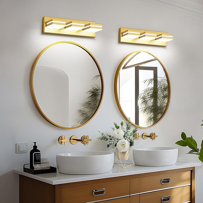 Modern LED Small Bathroom Lights Fixtures(3-Light),Metal Gold Acrylic Wall Lighting,Vanity Lights for Bathroom Over Mirror(6000k 16in)