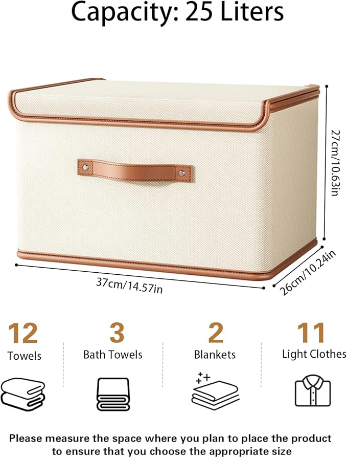 Tuza 4 Pack Storage Bins with Lids, Collapsible Closet Organizer Container, Fabric Organizer Box with Handles, Decorative Storage Boxes with Lids for Organizing Clothes, Books, File, White, Medium