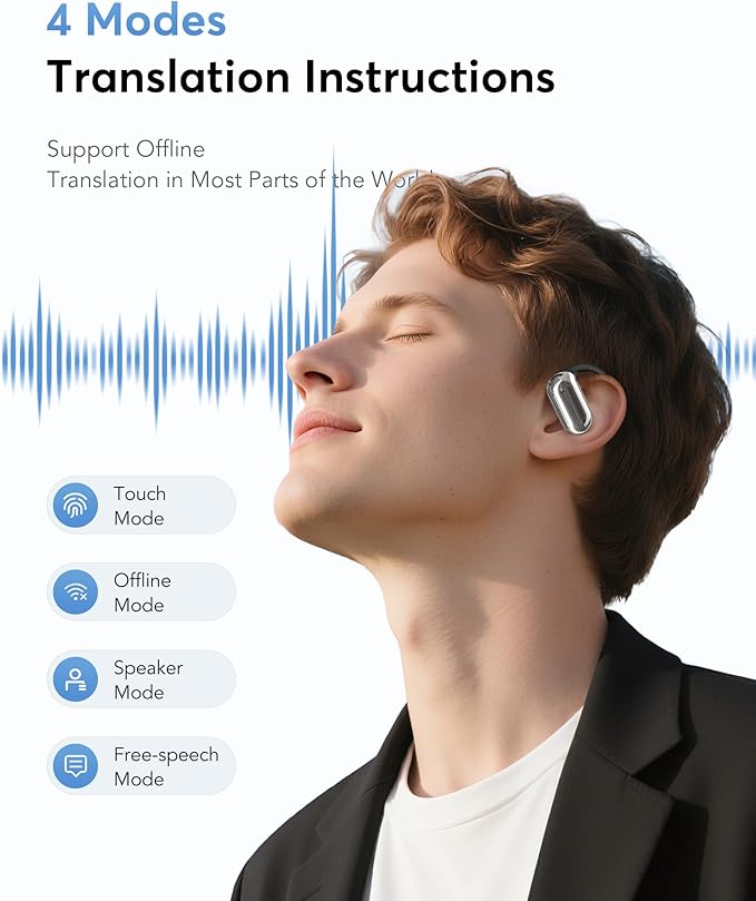 AI Translation Earbuds Real-Time, 144 Languages & Accents,4-in-1 Open Ear Wireless Earbuds with Charging Case, Compatible with iOS & Android, Ideal for Travel, Business, Learning,Black