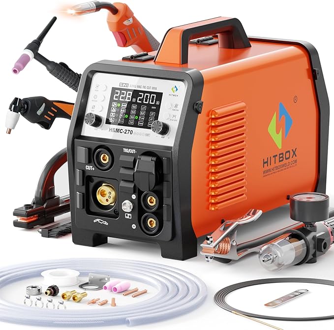 HITBOX Plasma Cutter Welder Combo, Synergy MIG Welder 200A, 220V [6 in 1] Gasless/Gas MIG/HF TIG/Plasma Cutter 40A/Stick/Spot, 2T/4T Aluminum Multi Process Welder Machine (HBMC270)