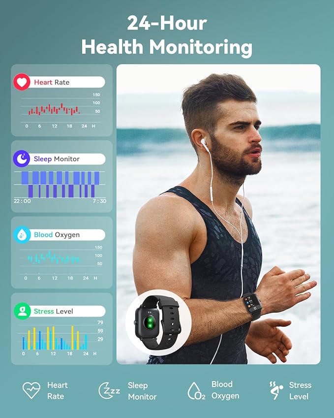 Smart Watches for Women/Men, Smart Watch for Android Phones and iPhone Compatible, Alexa Built-in, 1.8" Fitness Watches for Women, IP68 Waterproof /Bluetooth Call, Heart Rate/Sleep Monitor, Black