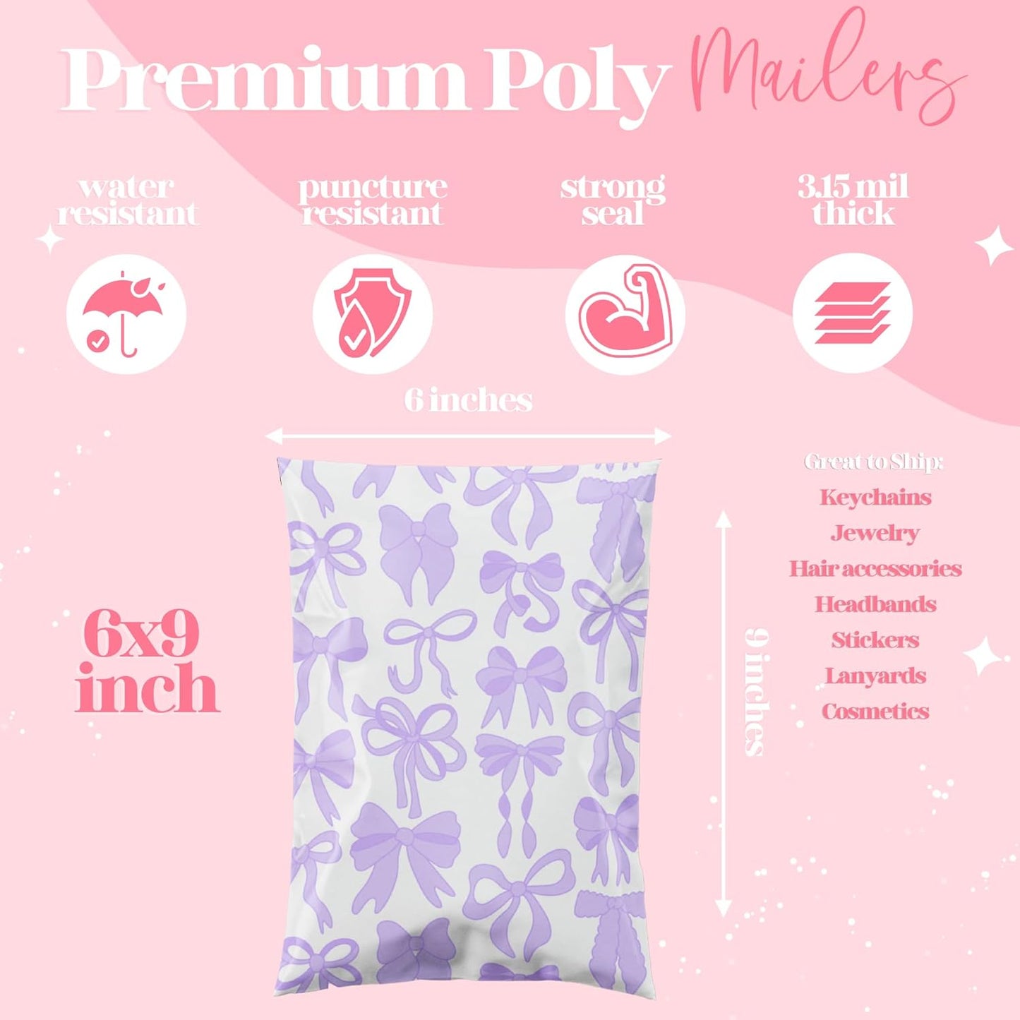 10x13 Designer Poly Mailer 100 Pack Heavy Duty Waterproof Self Seal Shipping Bags for Small Business Large Mailing Envelopes Bulk Tear Resistant Packaging Purple Bows