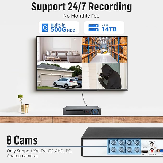 Fuers 8CH H.265+ Surveillance DVR Kits,Security Camera System with 2 x 2592TVL 5MP Wired IP66 Bullet Cameras for Indoor Outdoor Use,500G Hard Drive Included, Email Alert