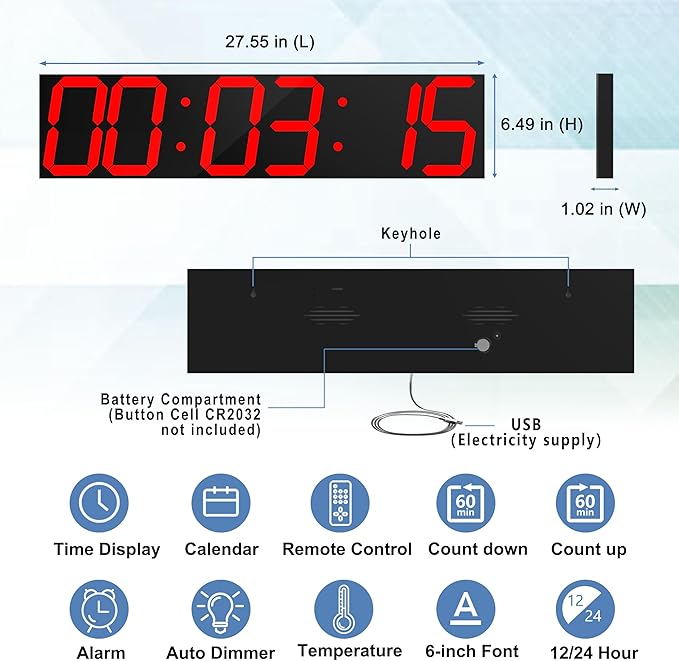 Digital Wall Clock, Oversize Led Digital Clock Large Display with Auto Dimmer, Huge Countdown Timer with Remote Control, 27" Wide Led Display, 6 Digits, Wall Mount, Date and Temperature (Red)
