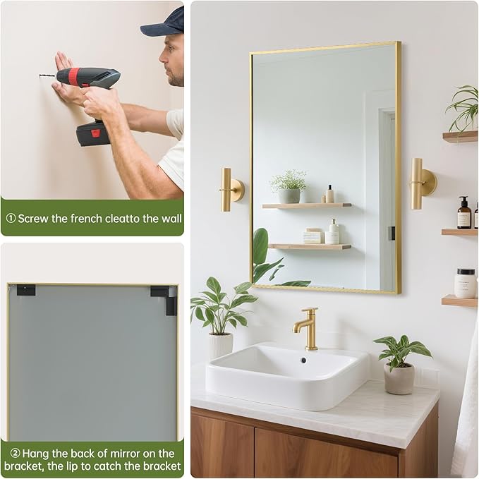 FARMER 16x24 Inch Gold Bathroom Mirror, Rectangle Wall Mounted Mirror, Vanity Mirror, Brushed Square Mirror, Framed Bathroom Mirror for Bedrooms, Entryways, Living Rooms, Horizontal/Vertical