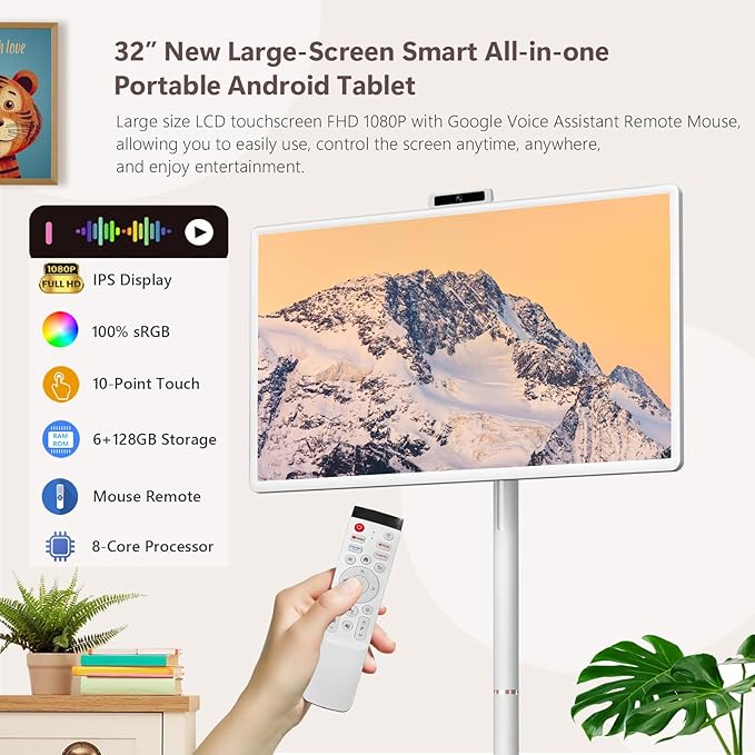 OFD 32 Inch Portable TV on Wheels FHD 1080P,Android15 OS|6GB RAM+128GB Storage|EDLA-Certified,Rolling TV Touchscreen Monitor,Built-in 9600mAh Battery|2K Webcam|Remote Control|Speaker,Fully Rotatable