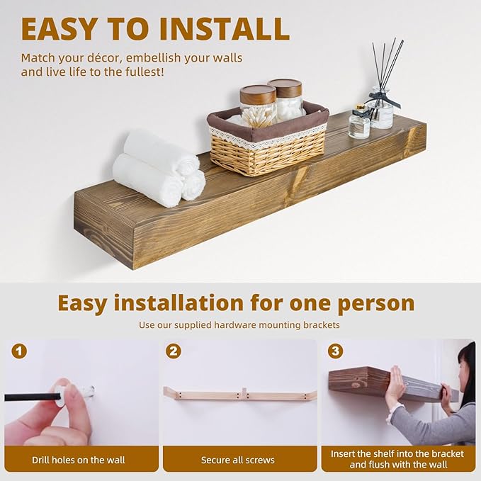Floating Shelves 24 inch for Wall Set of 2,3 inch Thick Pine Wood Wall Mount Shelf for Kitchen Living Room Bedroom Bathroom,8" D x 24" L x 3" H-Drak Walnut
