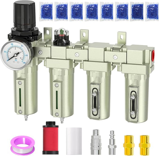 Industrial Grade 4-Stage Air Drying System, 1/2" NPT with Manual Drain, Desiccant Dryer, air Regulator, Particulate Filter and Coalescing Filter for Paint Spray, Plasma Cutter
