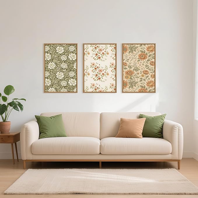 Celestdeco Vintage Pastoral Floral Framed Canvas Wall Art Set, Boho Colorful Flower Wall Decor, Peony Wildflower Wall Painting, Retro Botanical Art Prints for Living Room, Bedroom, Office - 24"X36"X3