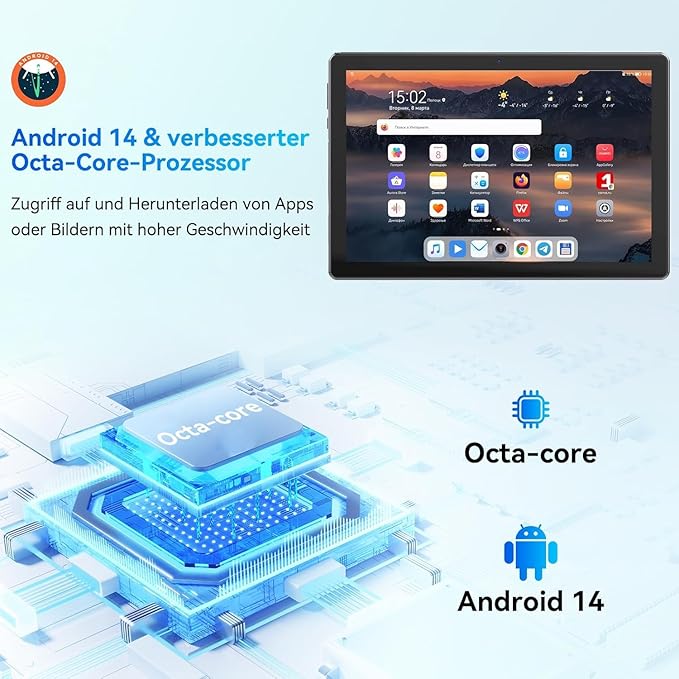 Tablet 10 Inch, Android 14 Tablet PC, 8GB RAM+64GB ROM (1TB TF), Octa-Core 2.0 GHz, WiFi 6, Bluetooth 5.0, Widevine L1, 5MP+8MP, 5000mAh,Type-C, Black
