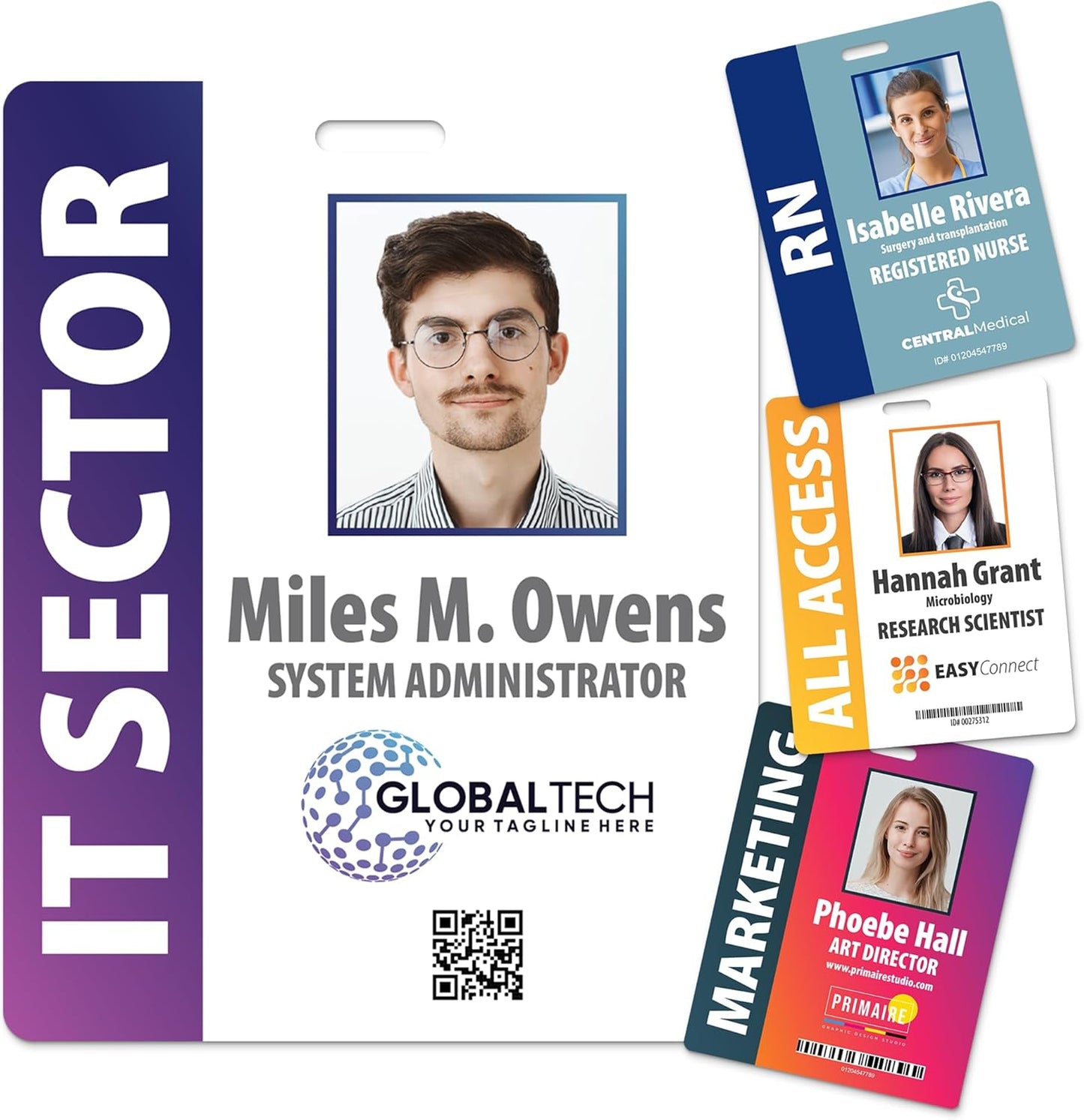 Custom Print Employee ID Badge with Vertical Side Text, Double Sided Print with Name, Photo, Logo, and Barcode â Unique Photo ID Card Solution (Horizontal Oversize)