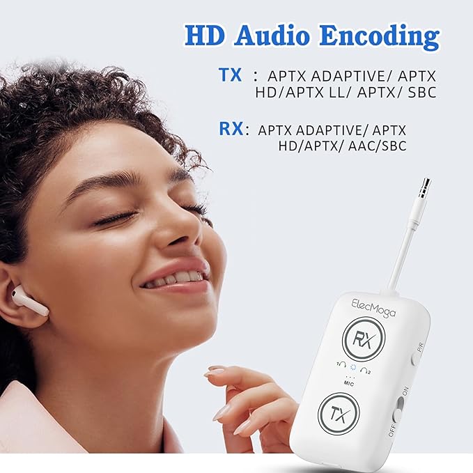 2026 Upgraded Airplane Bluetooth 5.4 Adapter with aptX Adaptive, ElecMoga Airplane Travel Essentials Supports 2 AirPods or Headphones, 2-in-1 AUX Wireless Transmitter Receiver for Gym, TV, Car, White