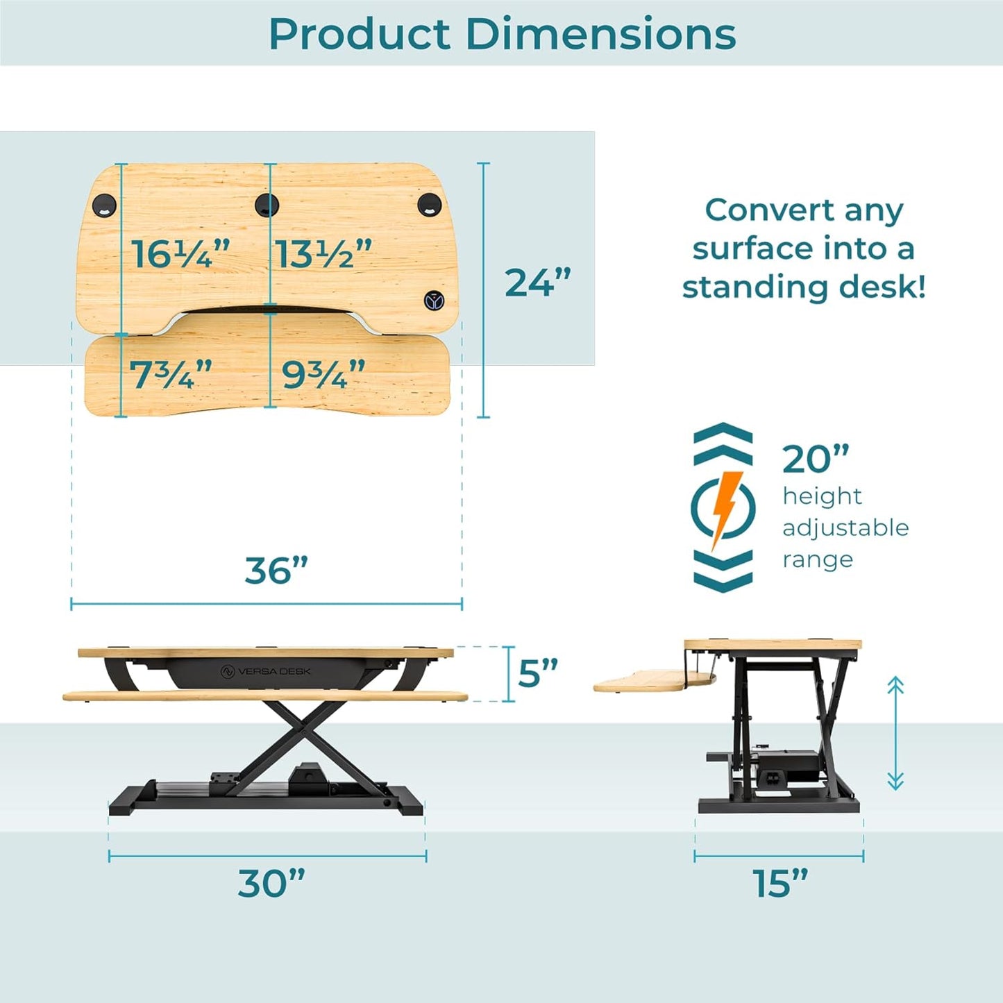 VERSADESK Electric Standing Desk Converter, 36 Inch PowerPro™ Height Adjustable Sit Stand Desktop Riser with Keyboard Tray, Built-in USB Charging Port, Holds 80 lbs, Push-Button Switch, Maple