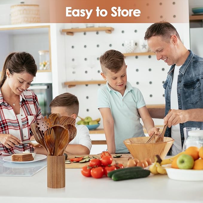 comfoyar Teak Wooden Spoons for Cooking, 9 Pieces Kitchen Cooking Utenails Set with Holder and Ladle, Heat Resistant Kitchen Cookware for Nonstick Pan