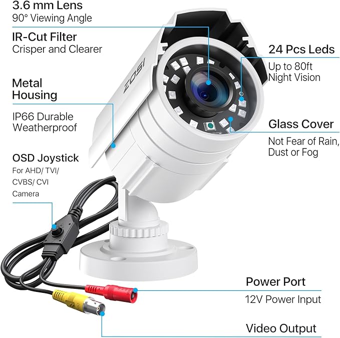 ZOSI 1080P 2.0MP HD 1920TVL Hybrid 4-in-1 TVI/CVI/AHD/960H CVBS CCTV Security Camera Indoor Outdoor, 80ft Night Vision,Aluminum Metal Cam, For 960H,720P,1080P,5MP,4K analog Surveillance DVR (White)