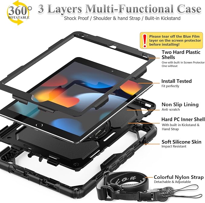 SEYMAC stock Case for iPad 9th/ 8th/ 7th Generation 10.2'', Shockproof with Screen Protector, Pencil Holder [360° Rotating Hand Strap] & Stand, for iPad 10.2 inch 2021-2019 (Black)