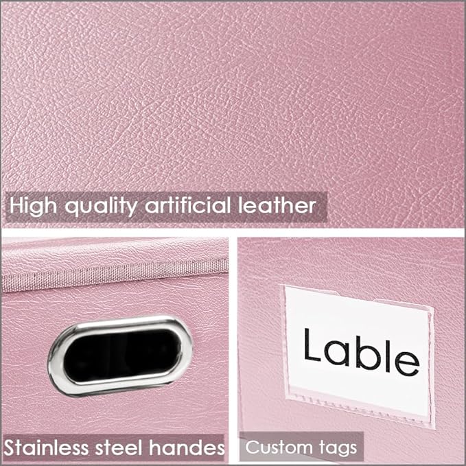 PRANDOM Large Stackable Storage Bins with Lids [5-Pack] Leather Fabric Foldable Storage Boxes Organizer Containers Baskets Cube with Cover for Bedroom Closet Office Nursery Pink (17.7x11.8x11.8)