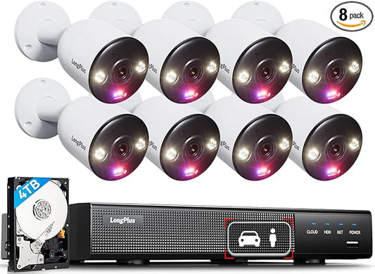 LongPlus 12MP Security Camera System, 12MP H.265+ PoE Home Security Camera System, Person Vehicle Detection, Spotlight Color Night Vision, 16CH NVR 4TB HDD, LP12MEF8B1