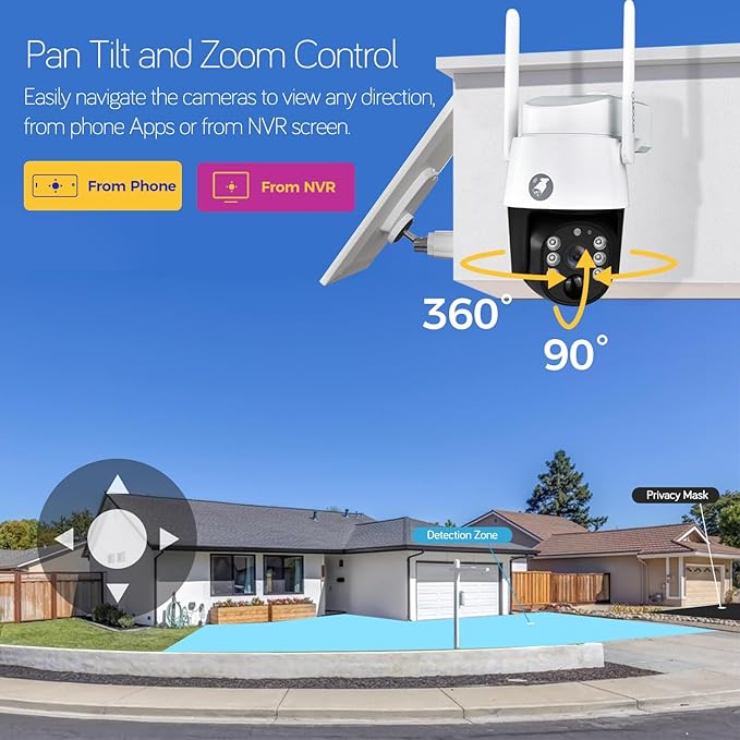 xmartO 10CH 4-CAM 4MP QHD Solar Battery PTZ Security Camera System, Solar Outdoor/Indoor WiFi Camera, 5G 10CH 4K H.265 Long Range WiFi 6 Surveillance DVR NVR Kit (Pole/Tree/Wall/Ceiling Installation)