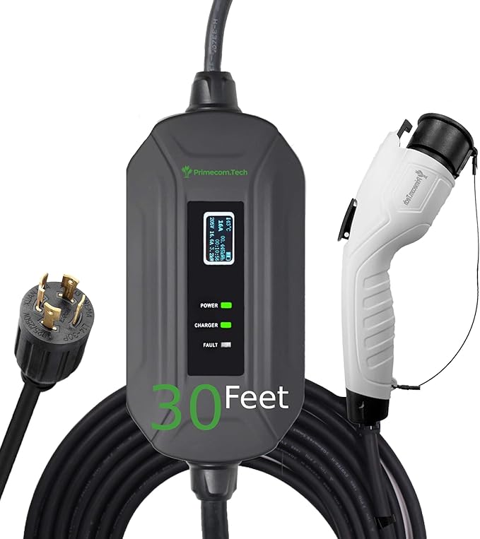 PRIMECOM Level 2 Electric Vehicle (EV) Charger (220V / 240Volt, 16Amp) Portable EVSE Smart Electric Car Charger, 30', 40', and 50 Feet Lengths (NEMA L14-30P, 30 Feet)