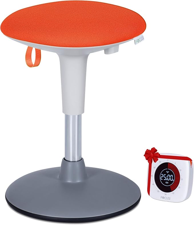 Wobble Stool for Kids Ages 7â12; Adjustable Height Wobble Stools for Classroom Seating with Soft Cushion; Flexible Wiggle Chair for Focus and ADHD Support + Bonus Visual Timer (Sunny Orange)