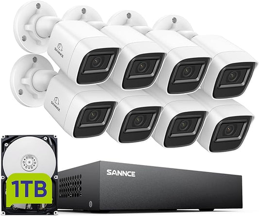 SANNCE 1080P Wired Security Camera System, CCTV 8 Channel 5-in-1 DVR with 1TB Hard Drive and 8Pcs Outdoor Day/Night Surveillance Cameras, Easy Remote Access, Motion Detection, 100ft Night Vision