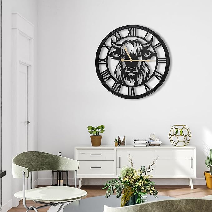 16inch Large Wall Clocks for Living Room Decor,Wall Clocks Battery Operated, Black Slient Metal Decorative Wall Clock for Bedroom, Kitchen, Dining Room (Highland Bull Wall Clock, 16 Inch)