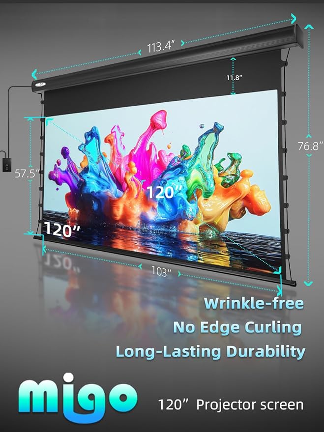 MIGO 120 Inch Motorized Projector Screen Pull Down,2.0 Gain Partial Ambient Light 4K HD TabTension Electric Projector Screen Wall/Ceiling Mount for UST Projector Indoor Home Theater Bar(Black Housing)