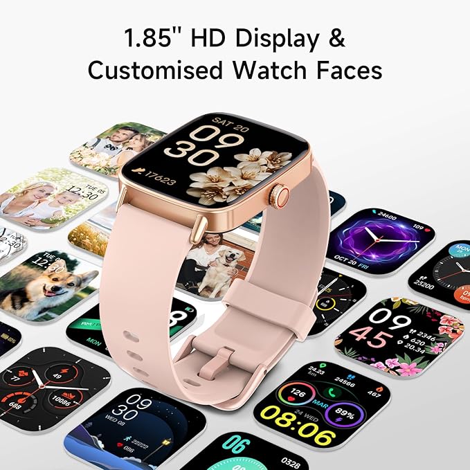 Smart Watch for Women, 1.85" HD Smartwatch Compatible iPhone/Samsung/Android (Answer/Make Calls), 100+ Sport Modes Fitness Tracker with Heart Rate/Sleep/SpO2 Monitor, IP68 Waterproof, with 2 Bands