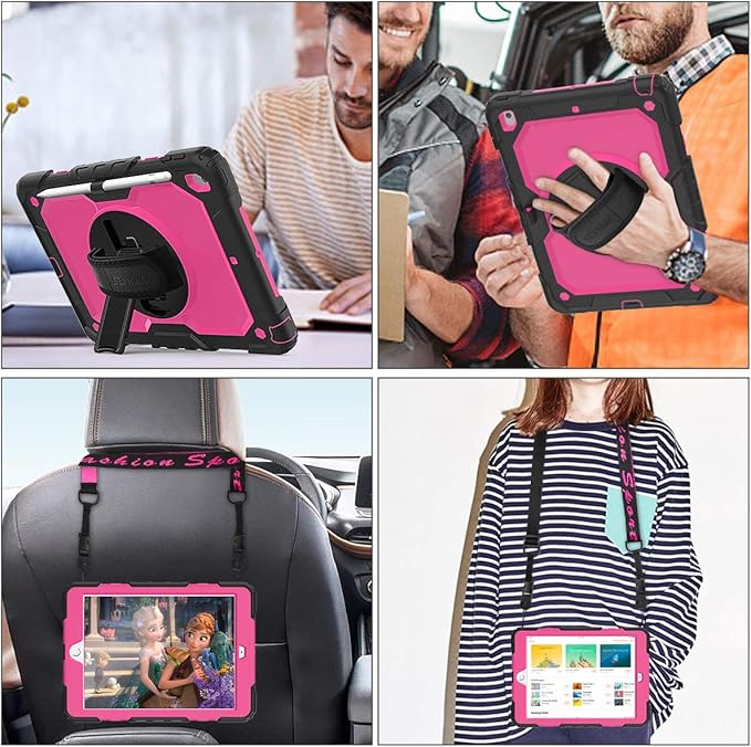 SEYMAC stock Case for iPad 9th/ 8th/ 7th Generation 10.2'', Shockproof with Screen Protector, Pencil Holder [360° Rotating Hand Strap] & Stand, for iPad 10.2 inch 2021-2019 (Rose+Black)