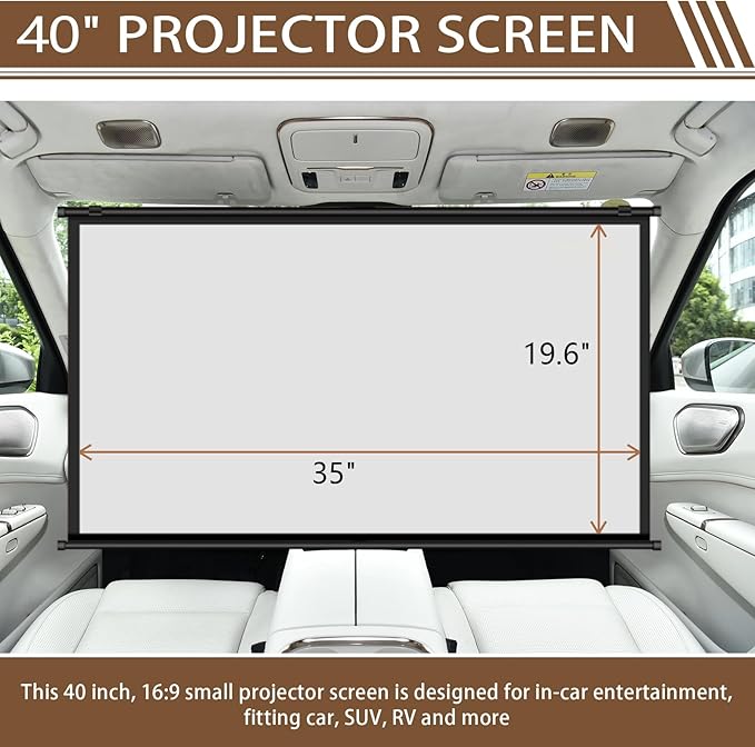 Projector Screen Small for Car, 40 inch 16:9, 4K HD, Portable Projection Screen Retractable, Manual Pull Down and Roll Up Mini Screen, Fitting Car, SUV, RV and More (Manual Rolling)