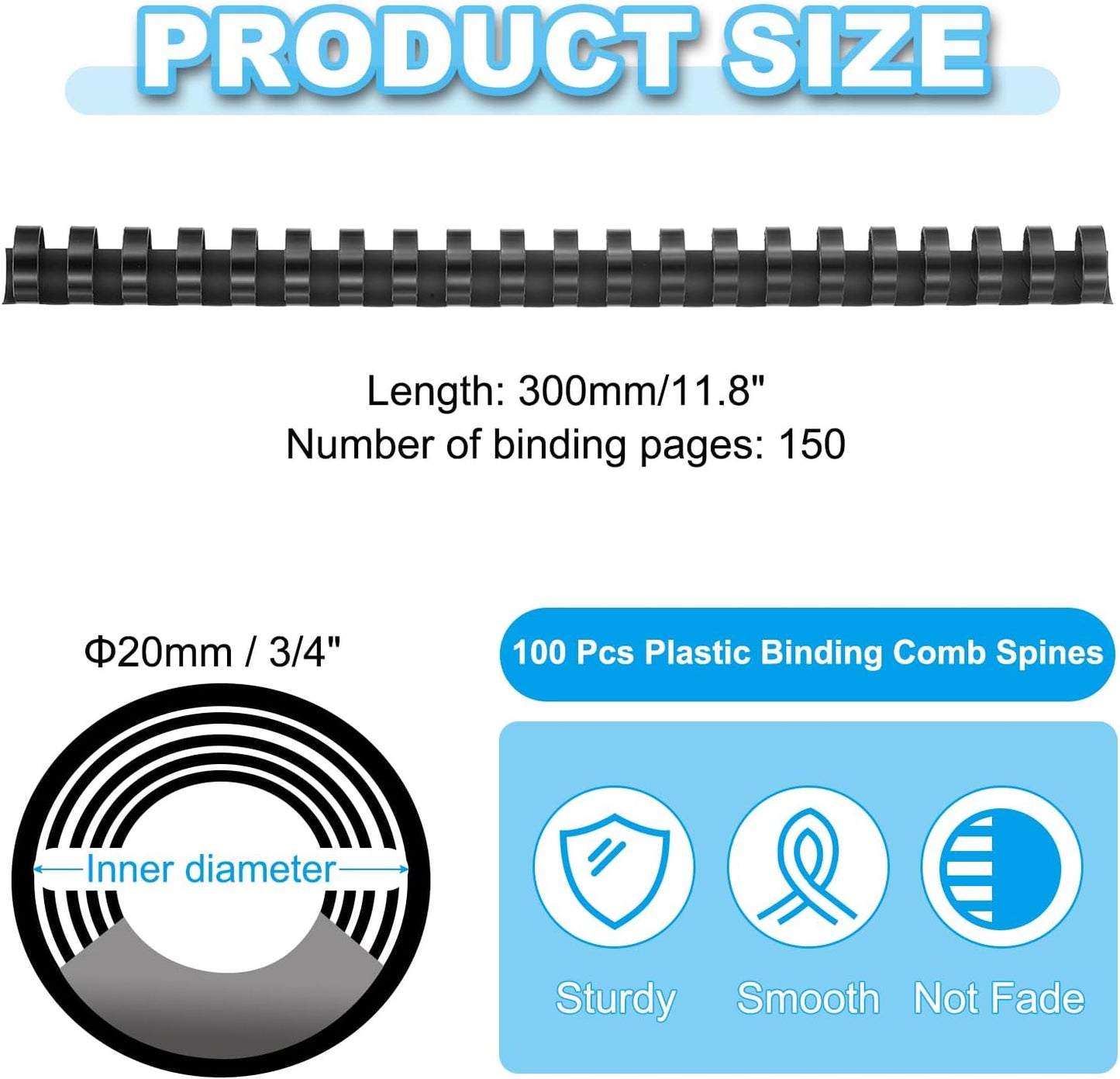 PATIKIL 20mm (3/4") Plastic Binding Combs, 100 Pcs 21 Rings Comb Binding Spines 150 Sheet Capacity Letter Size for Binding Paper Sheets Notebook Calendar Picture Album, Black