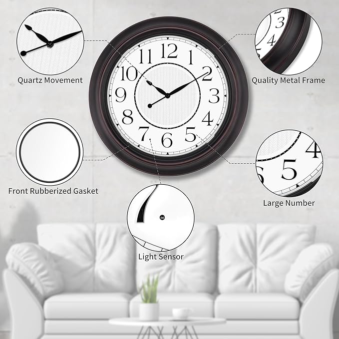 18 Inch Lighted Wall Clock Outdoor Clocks with Smart Light Sensor Battery Operated Wall Clocks with Night Light, Waterproof Wall Clock for Patio, Garden, Porch, Living Room, Home, Office