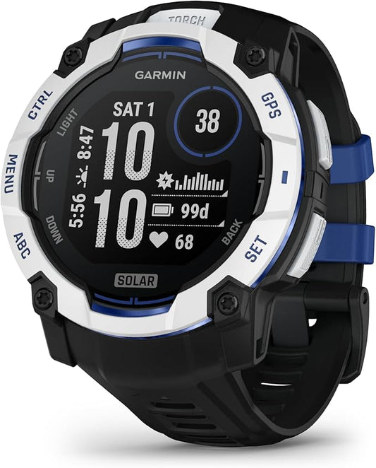 Garmin Instinct® 3 – 50 mm, Solar, Rugged Outdoor GPS Smartwatch, Built-in Flashlight, Supernova Collection Limited Edition Color, Whitestone with Black/Bolt Blue Silicone Band