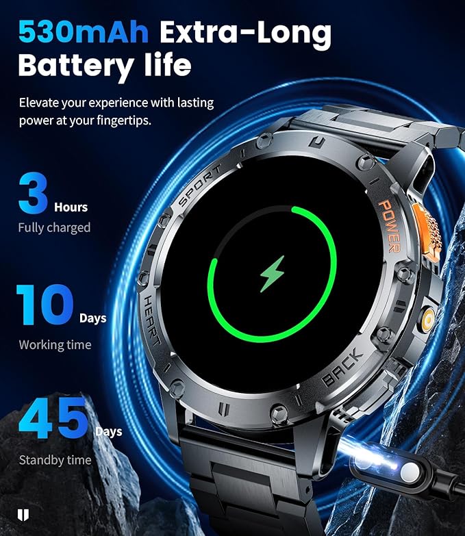 LIGE Military Smart Watch for Men (Answer/Make Calls),1.43’’ AMOLED Smartwatch with Flashlight/530mAh/Pedometer/100+ Sports,5ATM Waterproof Fitness Tracker for Android iOS,2 Straps