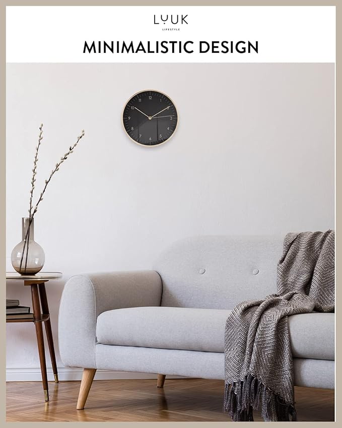 LUUK LIFESTYLE Modern Wall Clock with Silent Movement and no Ticking, Scandinavian Design, Gift idea, Decoration for Living Room, Kitchen, Hallway, in Black & Gold
