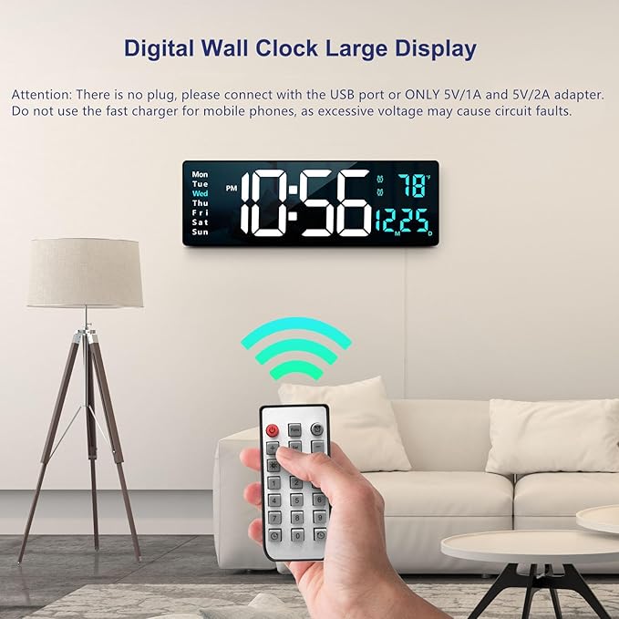 Abovsare 16.2 Inch Large Display Wall Clocks, LED Digital Clock with Remote Control for Living Room Decor, Automatic Brightness Dimmer Clock with Date Week Temperature (Blue)