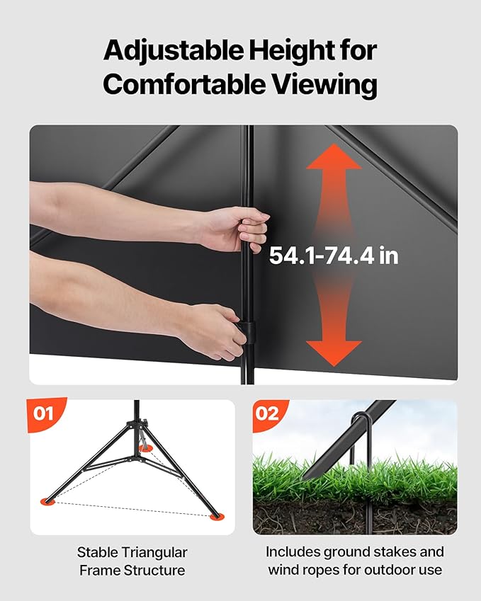 VEVOR Projector Screen with Stand, 80 Inch 160° Wide Angle Indoor Outdoor Projection Screen, 16:9 4K HD Wrinkleless Portable Tripod Screens with Carry Bag, for Movie Home Theater Office Presentation