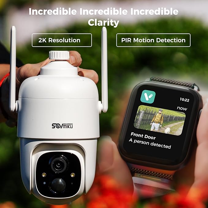SOVMIKU 4CQ1 AI 2K Solar Security Camera Wireless Outdoor, Battery Powered, Two Way Audio, PIR Motion Detection, 360° View Pan/Tilt,Easy to Setup, Color Night Vision, Audible Flashlight Siren,SD Slot