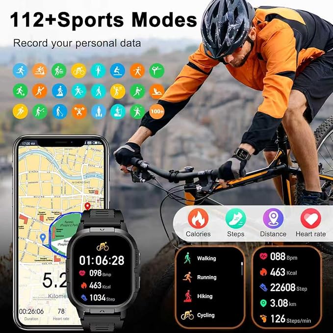 Smart Watch for Men Fitness Tracker: Waterproof Make/Answer Call Military Digital Watches Run Smartwatch Android Phones iPhone Samsung Compatible Heart Rate Monitor Orange Black